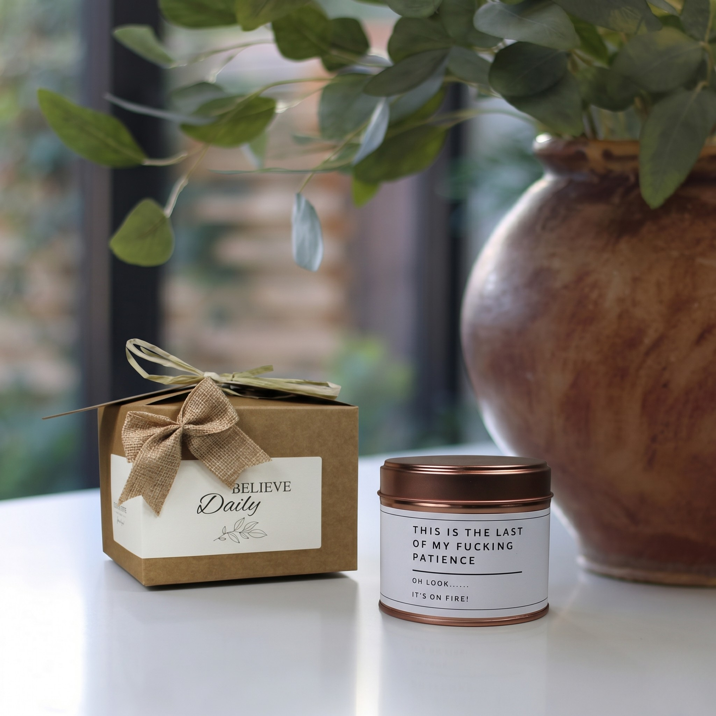 Custom stress relief care package gift box featuring a funny joke mental health Last Of My Patience Candle & Reed Diffuser Gift by Hideaway Home Fragrances.