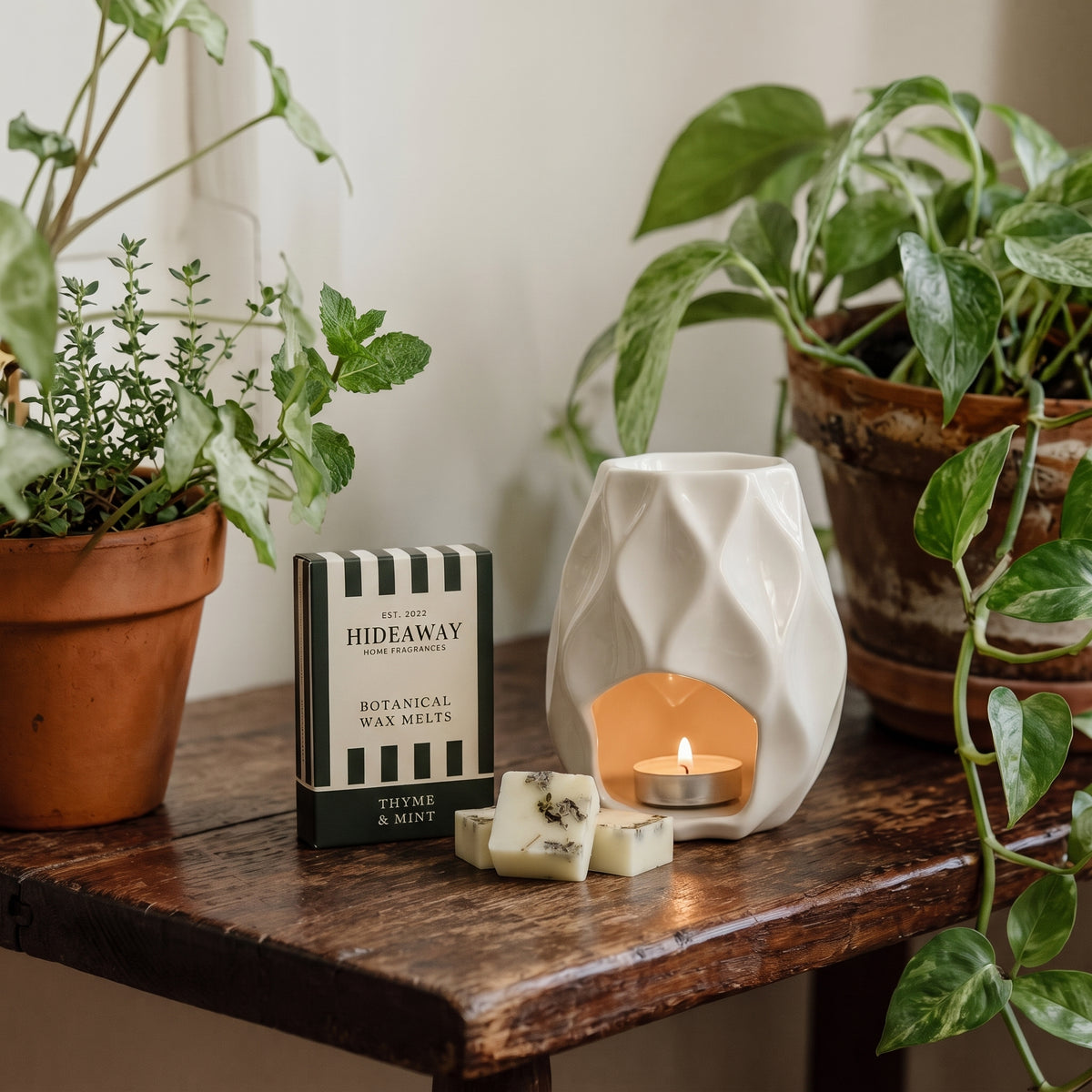 Artisan thyme and mint botanical wax melt snap bar by Hideaway Home Fragrances garnished with real dried mint and herbal botanicals