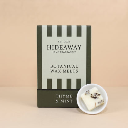 Hideaway Home Fragrances thyme and mint botanical wax melts infused with fresh peppermint, herbal red thyme, and crisp petitgrain