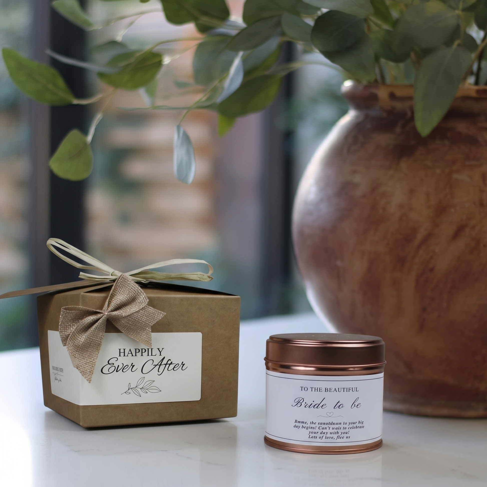 Ready-to-gift bridal suite morning keepsake box containing a custom handmade soy candle and premium home diffuser – Hideaway Home Fragrances