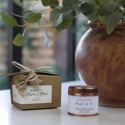 Ready-to-gift bridal suite morning keepsake box containing a custom handmade soy candle and premium home diffuser – Hideaway Home Fragrances