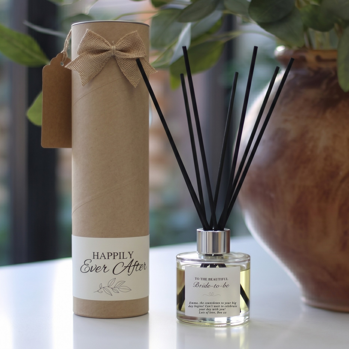 Luxury "To The Beautiful Bride" wedding day gift set featuring a personalised scented candle and matching reed diffuser – Hideaway Home Fragrances