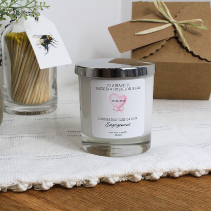 Elegant hand-poured personalised candle celebrating daughter and son-in-law’s engagement – Hideaway Home Fragrances
