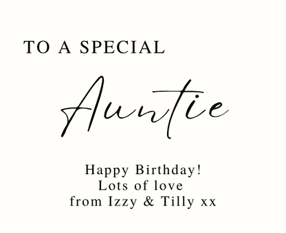 Close up of personalised aunt luxury reed diffuser birthday gift for her - Hideaway Home Fragrances
