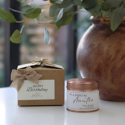 Custom auntie birthday candle gift with personalized special milestone message - Hideaway Home Fragrances