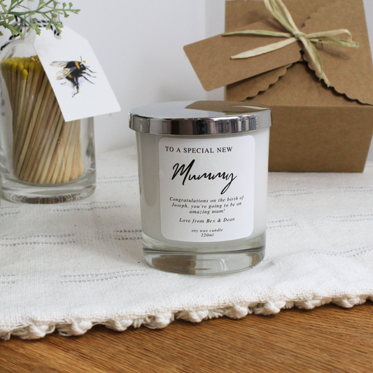 To a Special New Mummy personalised candle gift to celebrate motherhood – Hideaway Home Fragrances