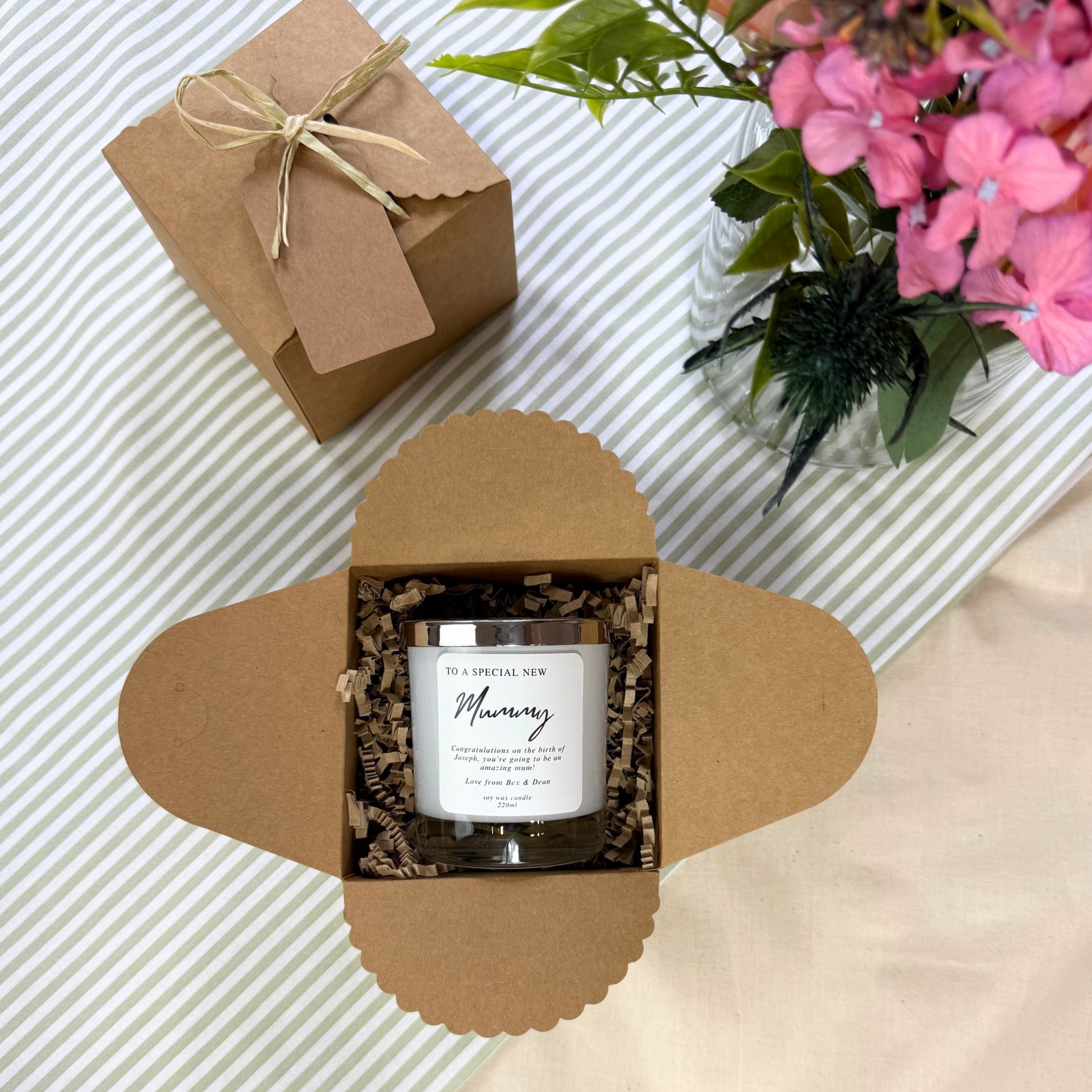 Elegant personalised candle to honour and support a new mother – Hideaway Home Fragrances