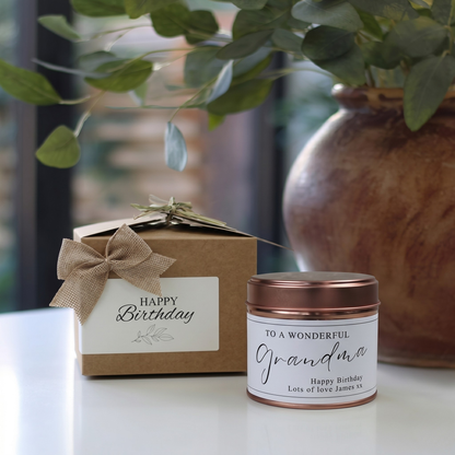 Custom birthday candle gift for grandmother with personalized milestone message - Hideaway Home Fragrances