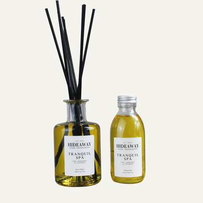 Soothing Refreshing Uplifting Reed Diffuser Refill – Tranquil Spa Blend with Lime, Mandarin, and Woody Undertones | Hideaway Home Fragrances