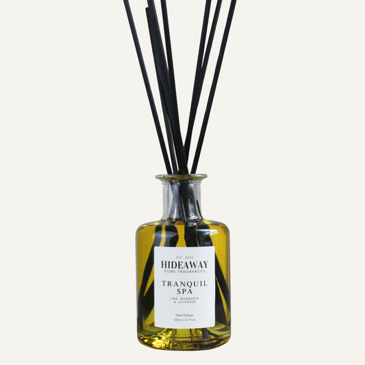 Tranquil Spa Reed Diffuser – Soothing Refreshing Uplifting Home Fragrance with Lavender, Lime, and Mandarin | Hideaway Home Fragrances