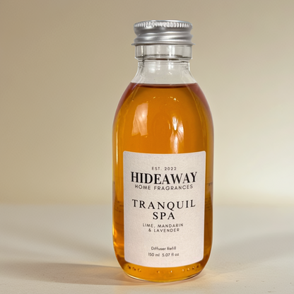 Tranquil Spa Reed Diffuser Refill with lime, mandarin, lavender, and soft woody undertones – soothing, refreshing, and uplifting scent – Hideaway Home Fragrances