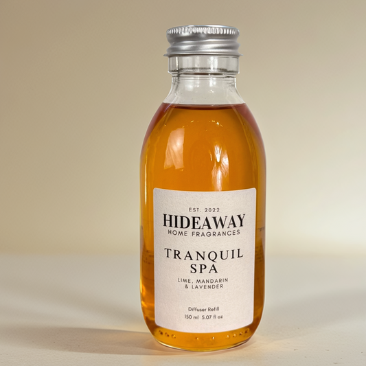 Tranquil Spa Reed Diffuser Refill with lime, mandarin, lavender, and soft woody undertones – soothing, refreshing, and uplifting scent – Hideaway Home Fragrances
