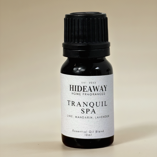Tranquil Spa Essential Oil with soothing lavender, crisp mandarin, and lime for a refreshing, uplifting, and calming aroma — Hideaway Home Fragrances