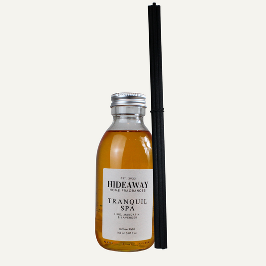 Tranquil Spa Reed Diffuser Refill with lime, mandarin, lavender, and soft woody undertones – soothing, refreshing, and uplifting scent – Hideaway Home Fragrances