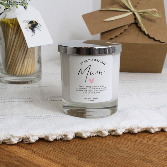 Truly Amazing Mum personalised candle with heart design and custom message – Hideaway Home Fragrances