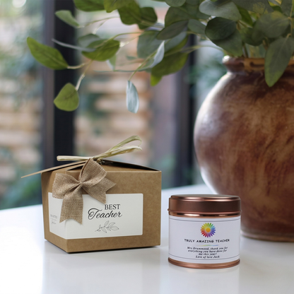 Custom luxury teacher appreciation gift box featuring a personalized thank you educator candle and matching home fragrance diffuser by Hideaway Home Fragrances.
