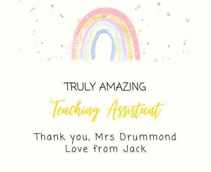 Premium personalized school leaving thank you hamper with a sentimental custom classroom assistant tribute candle and reed diffuser, elegantly boxed by Hideaway Home Fragrances.