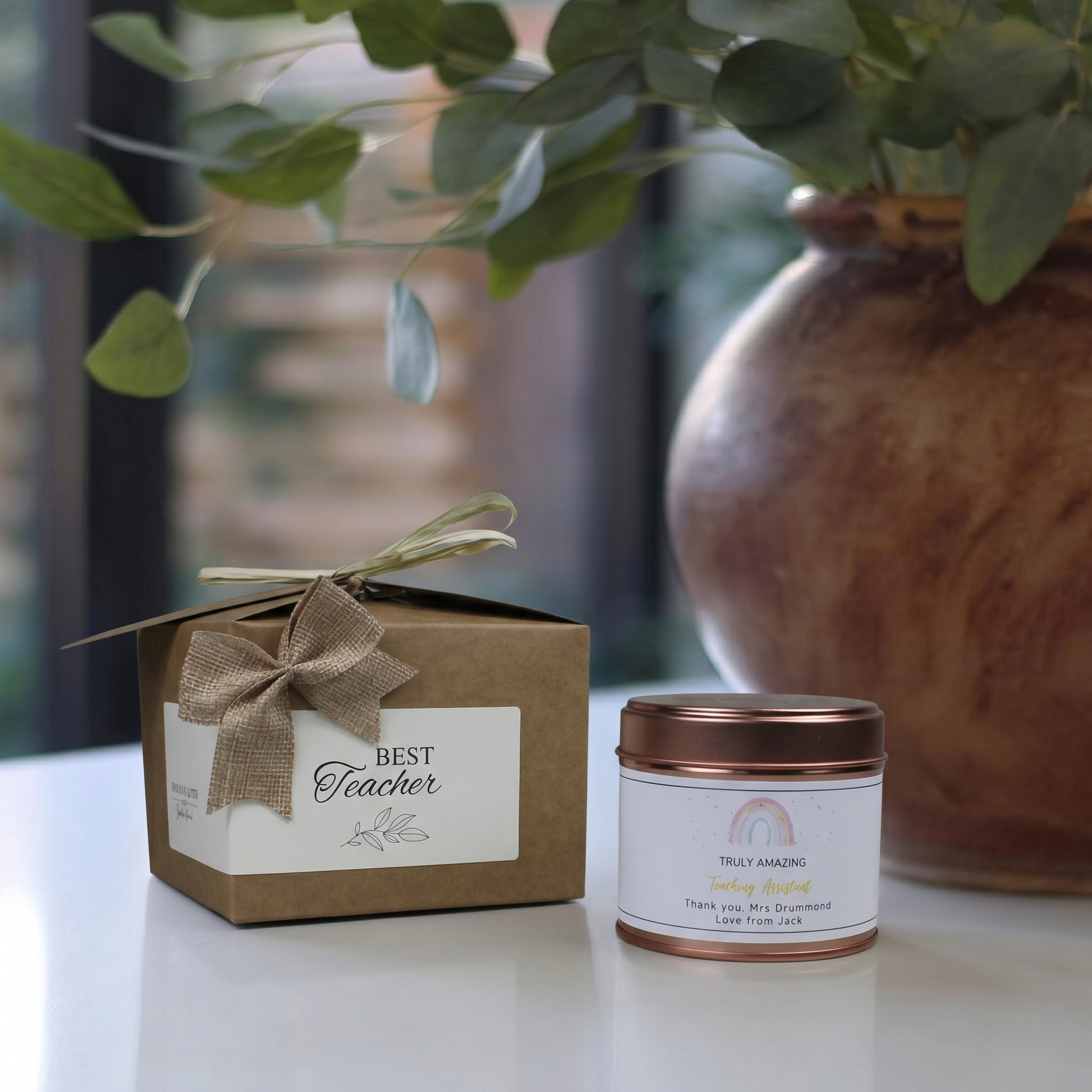 Custom luxury teaching assistant appreciation gift box featuring a personalized thank you TA candle and matching home fragrance diffuser by Hideaway Home Fragrances.