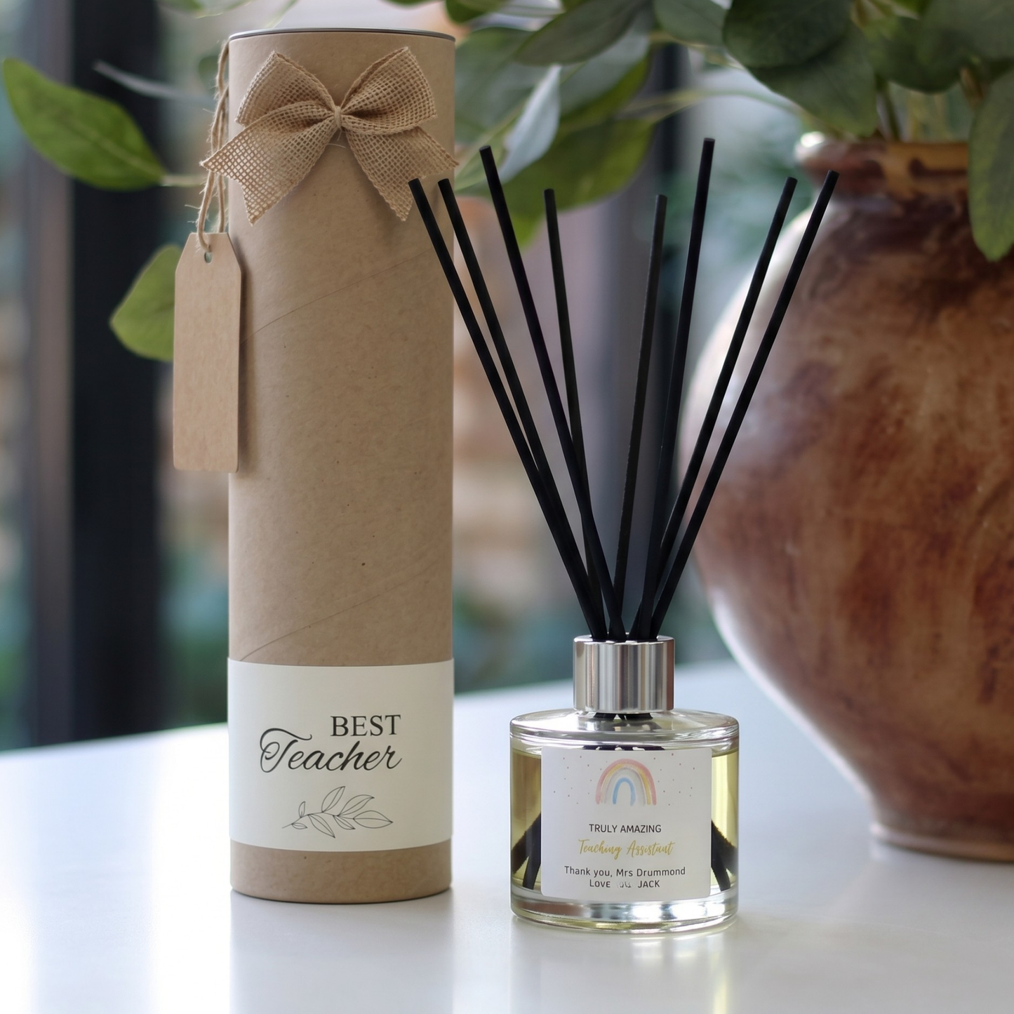 Personalised "Truly Amazing Teaching Assistant" school end of term candle and luxury reed diffuser keepsake gift set, beautifully packaged and ready to gift by Hideaway Home Fragrances.