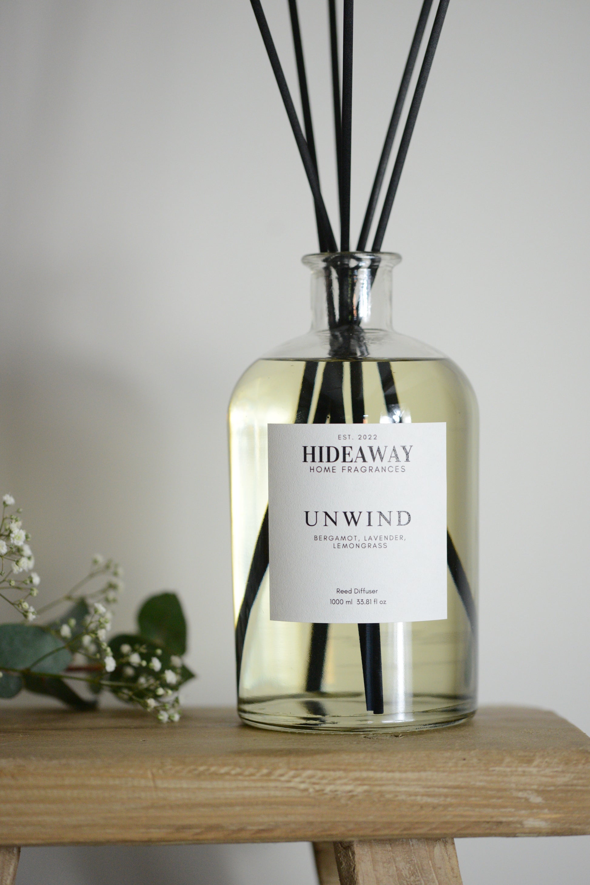 Large Unwind Reed Diffuser for a refreshing and calming atmosphere - Hideaway Home Fragrances