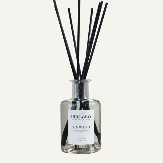 Unwind Reed Diffuser – Refreshing Calming Uplifting Home Fragrance with Lemongrass, Bergamot, and Lavender | Hideaway Home Fragrances