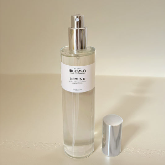 Unwind Room Spray with lemongrass, bergamot, and lavender - Hideaway Home Fragrances