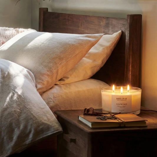 Unwind 3-wick luxury candle with lemongrass, bergamot and lavender creating a serene and relaxing home atmosphere