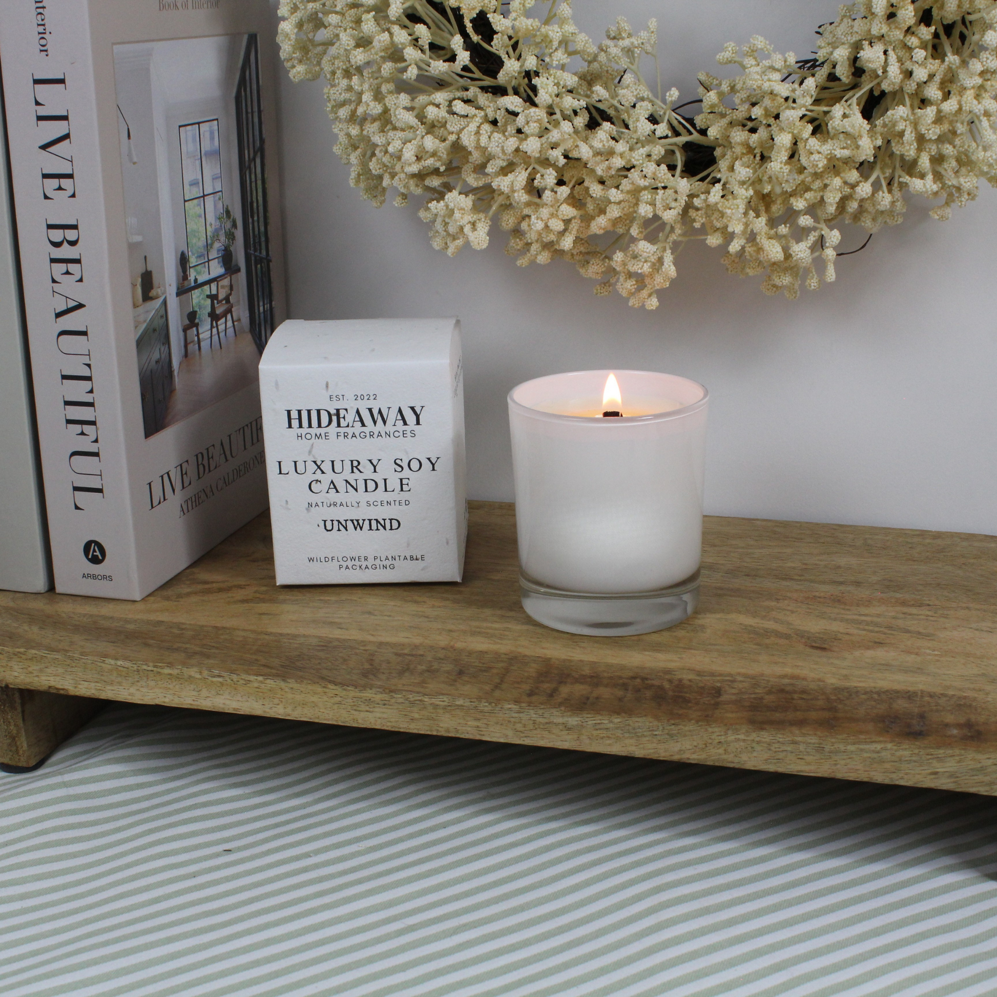 Luxury Unwind soy wax candle blending zesty lemongrass and soothing lavender – Hideaway Home Fragrances