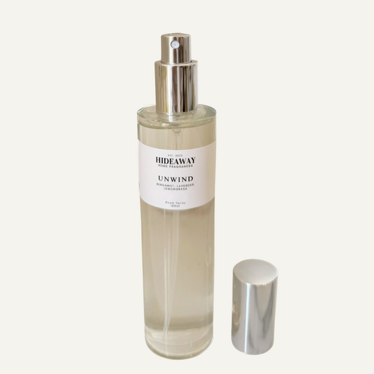 Unwind Room Spray with lemongrass, bergamot, and lavender - Hideaway Home Fragrances