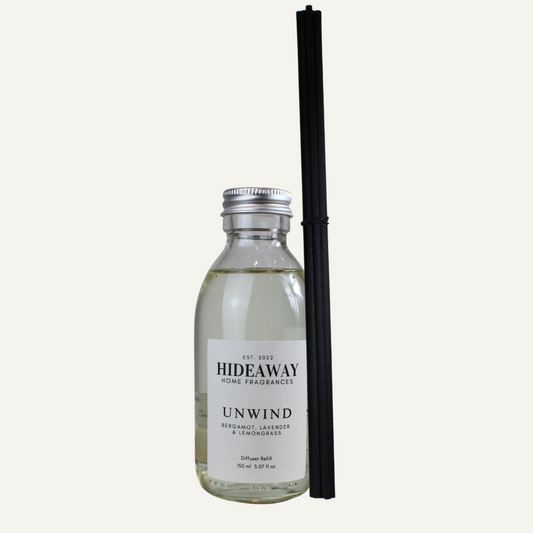 Unwind Reed Diffuser Refill with lemongrass, bergamot, and lavender – refreshing, calming, and uplifting scent – Hideaway Home Fragrances