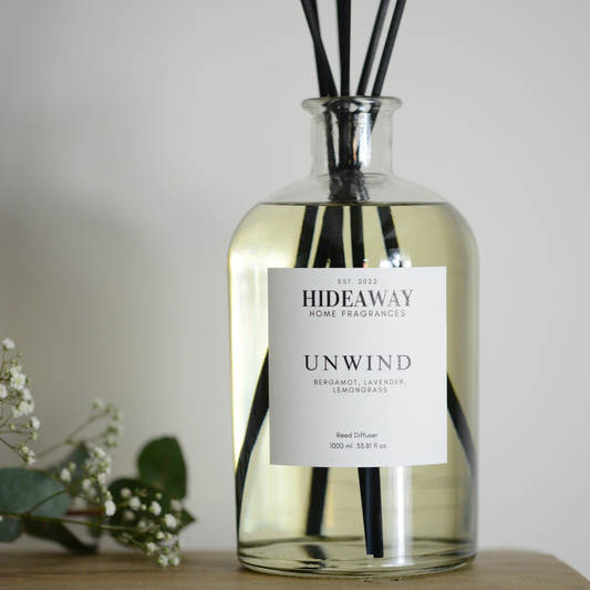 1 Litre Unwind Reed Diffuser to energise, relax, and uplift your space - Hideaway Home Fragrances