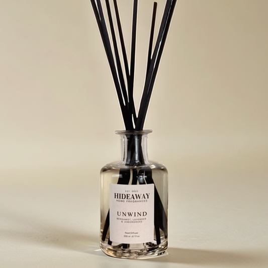 Unwind Reed Diffuser with lemongrass, bergamot, and lavender – Hideaway Home Fragrances