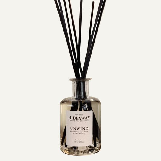 Unwind Reed Diffuser with lemongrass, bergamot, and lavender – Hideaway Home Fragrances