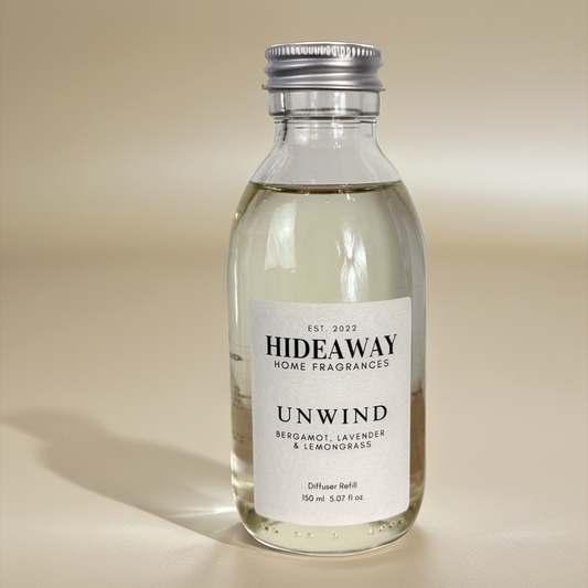 Unwind Reed Diffuser Refill with lemongrass, bergamot, and lavender – refreshing, calming, and uplifting scent – Hideaway Home Fragrances