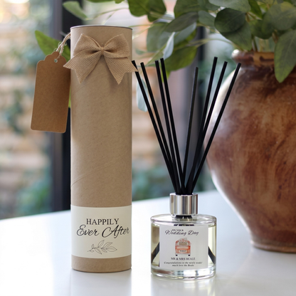 Personalised VW Campervan wedding day gift set featuring a luxury scented candle and matching reed diffuser – Hideaway Home Fragrances