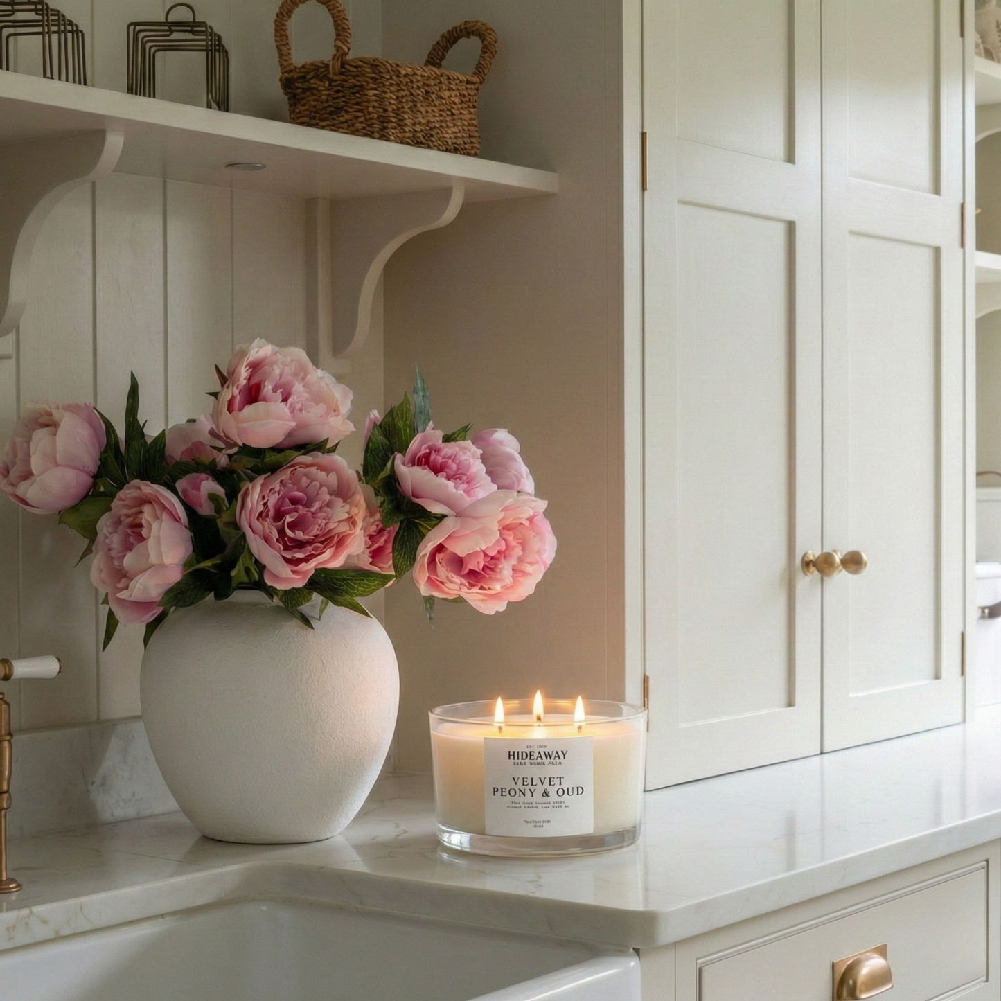 Velvet Peony and Oud 3-wick luxury candle creating a romantic, dark floral atmosphere with rose, praline and smoky oud