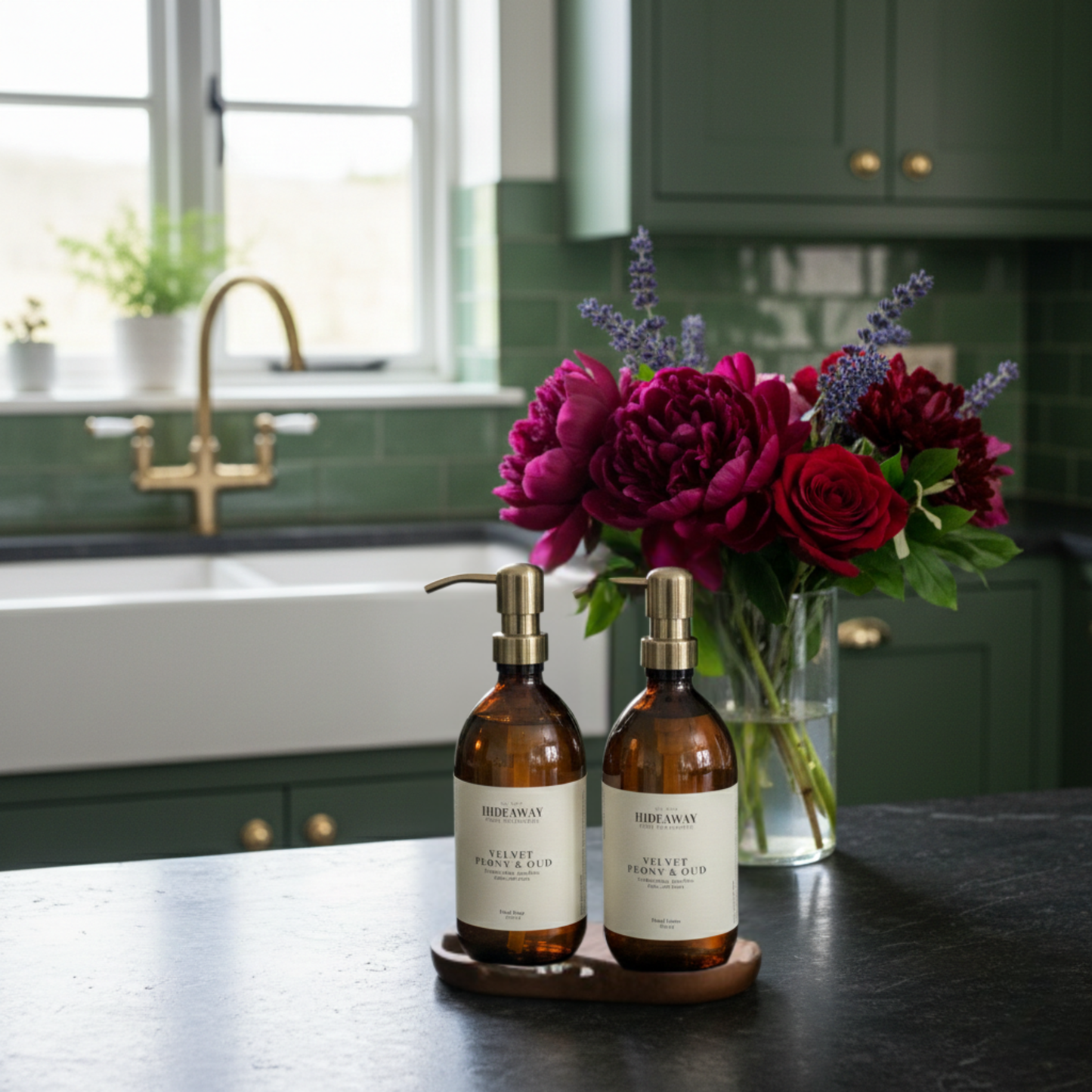 Velvet Peony & Oud luxury hand and body wash in amber glass bottle