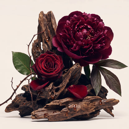 Fragrance note graphic for Velvet Peony & Oud showing floral peony, amber, praline & agarwood - Hideaway Home Fragrances