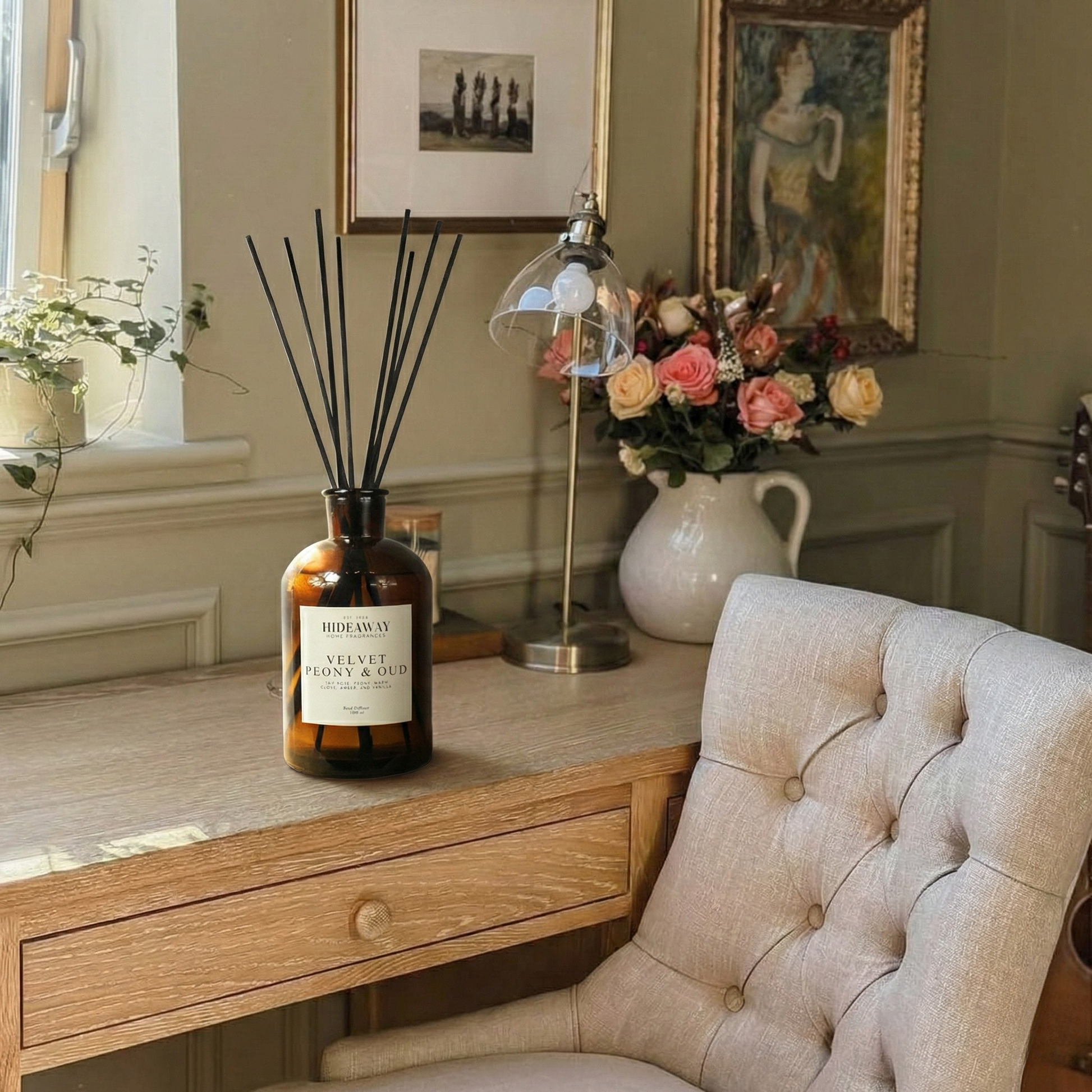 Luxury velvet peony and oud 1000ml reed diffuser for large spaces, rich romantic floral fragrance