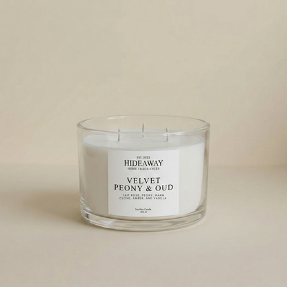 Velvet Peony & Oud 3-wick luxury candle with rose, peony, oud, and praline fragrance for a warm, romantic home atmosphere
