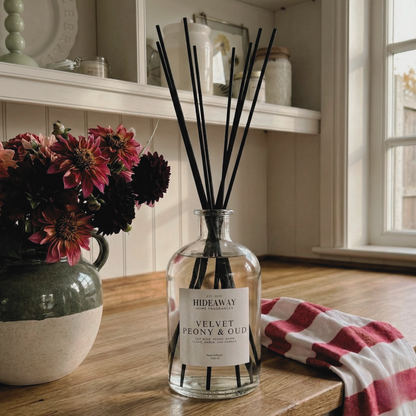 Extra large velvet peony oud reed diffuser 1000ml, opulent rose and praline scent for luxury interiors