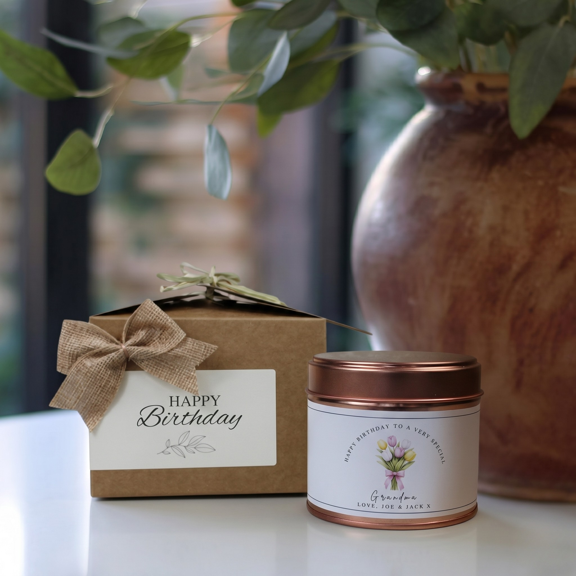 Custom tulip floral design birthday candle gift for grandmother with personalised message - Hideaway Home Fragrances