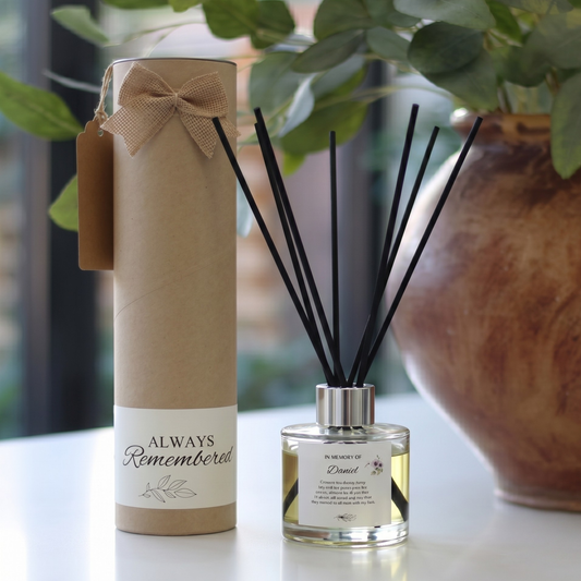 Personalised "Walk Beside Us" candle and luxury reed diffuser memorial keepsake gift set, beautifully packaged and ready to gift by Hideaway Home Fragrances.