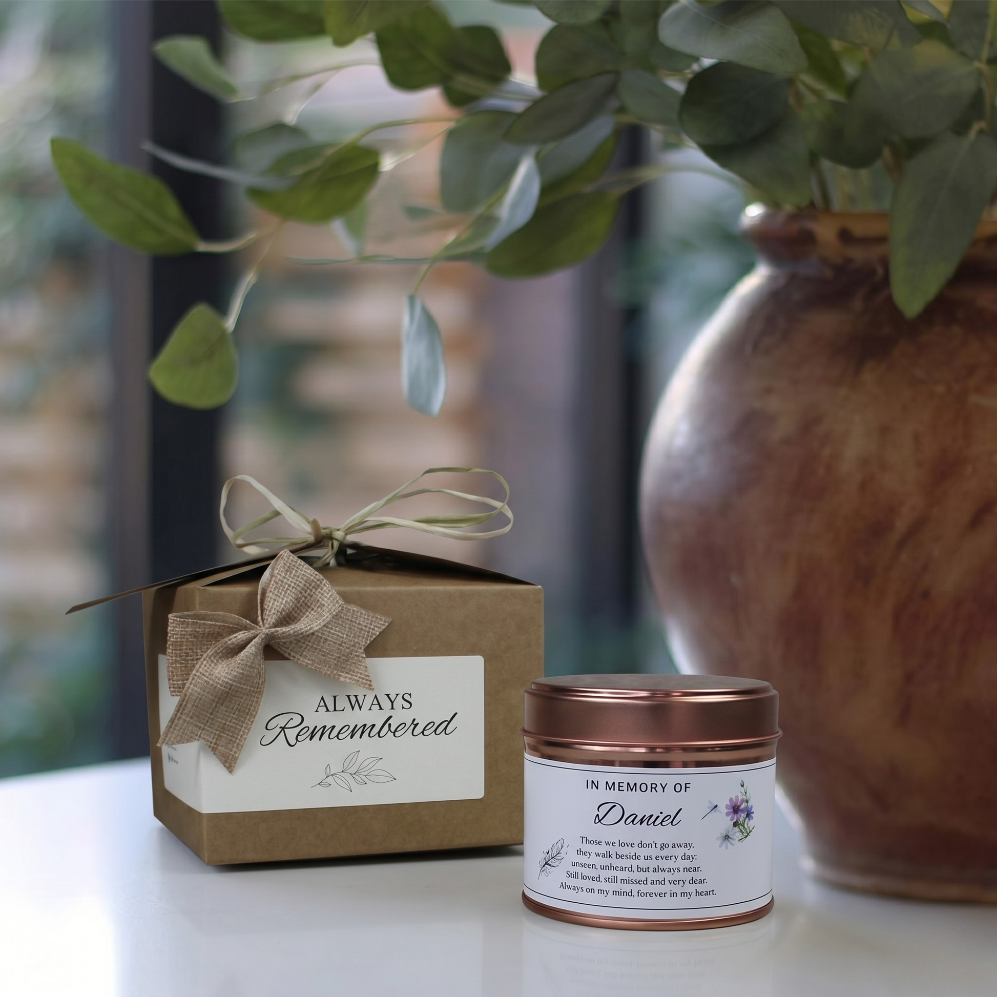 Custom sympathy remembrance gift box featuring a personalized comfort and grief support candle and matching home fragrance diffuser by Hideaway Home Fragrances.