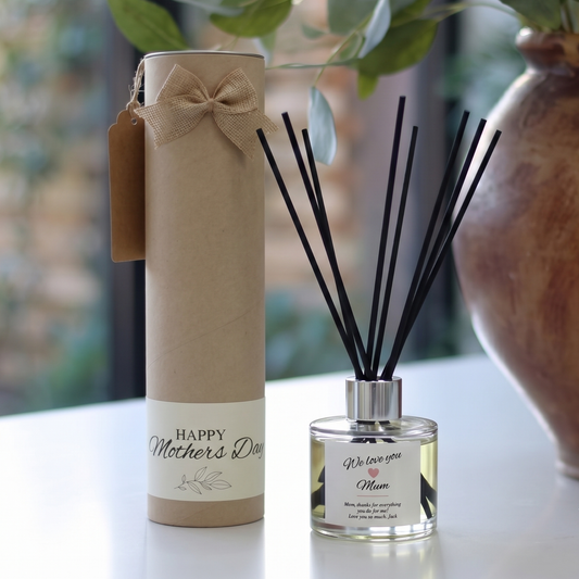 Personalised "We Love You Mum" Mother's Day candle and luxury reed diffuser keepsake gift set, beautifully packaged and ready to gift by Hideaway Home Fragrances.
