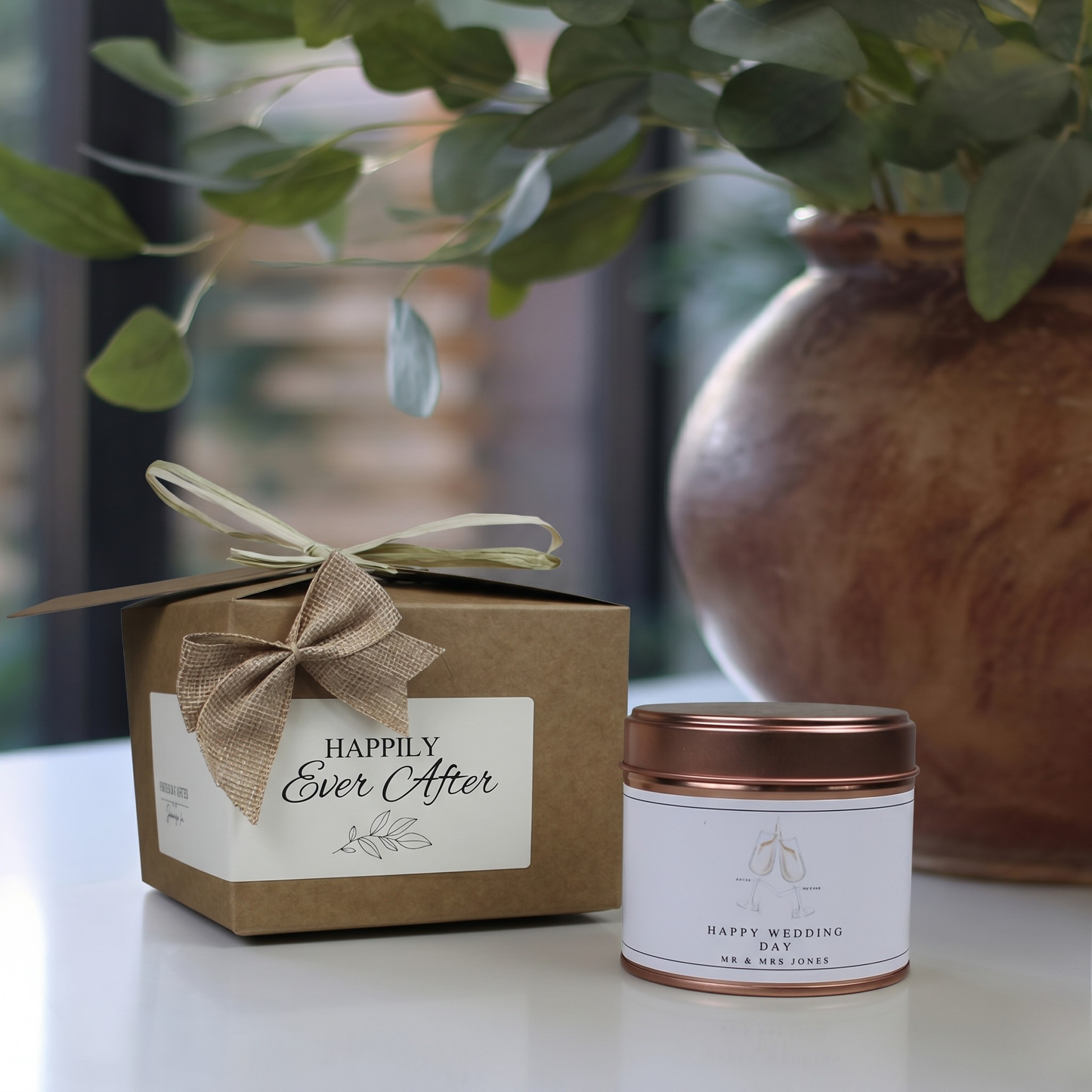 Ready-to-gift keepsake box for newlyweds containing a custom handmade soy candle and home diffuser – Hideaway Home Fragrances