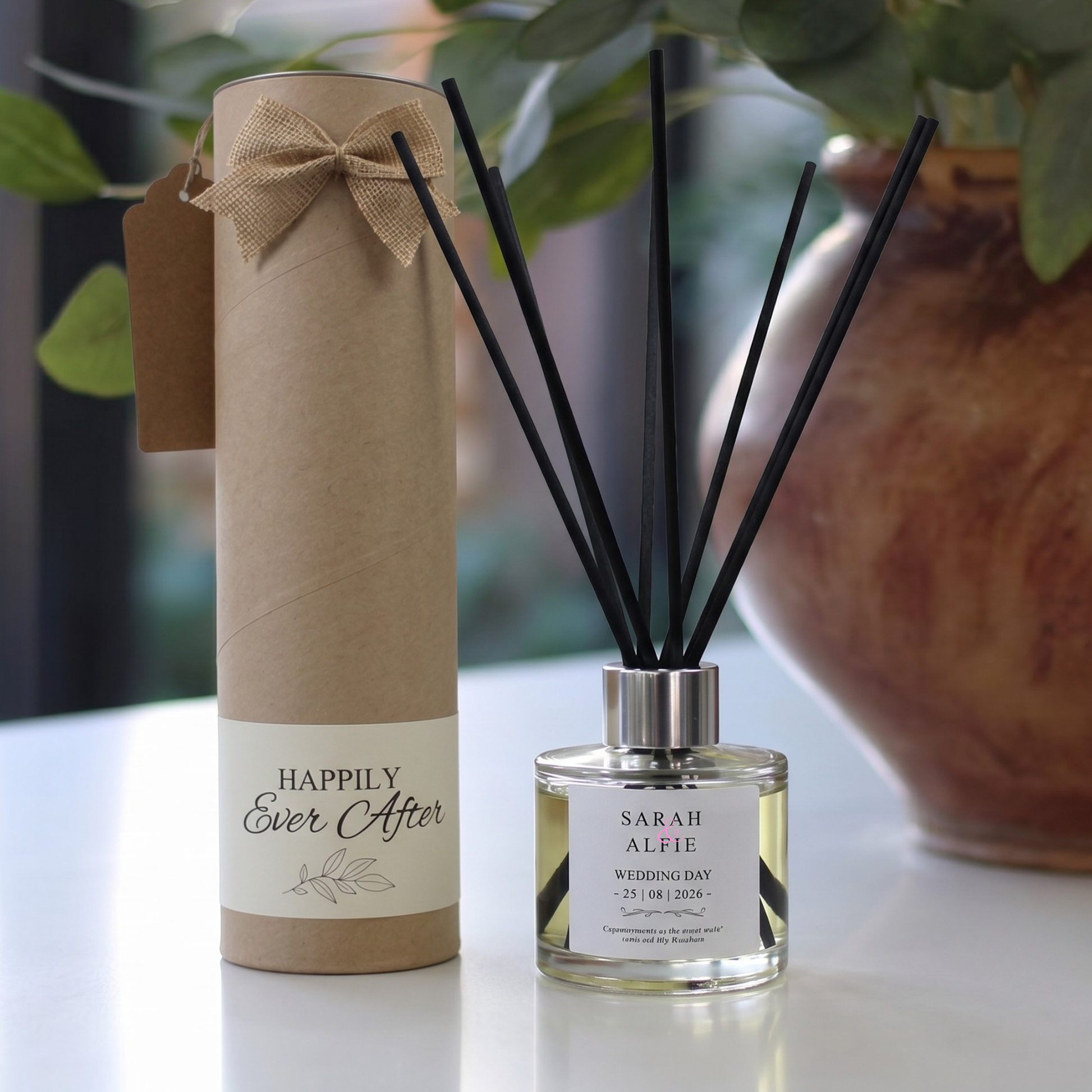 Bespoke personalised wedding day gift set featuring a luxury custom scented candle and matching reed diffuser – Hideaway Home Fragrances