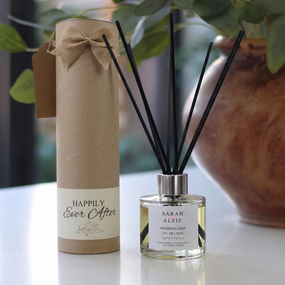 Bespoke personalised wedding day gift set featuring a luxury custom scented candle and matching reed diffuser – Hideaway Home Fragrances