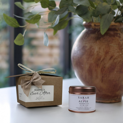 Ready-to-gift custom name wedding keepsake box containing a handmade soy candle and premium home diffuser – Hideaway Home Fragrances