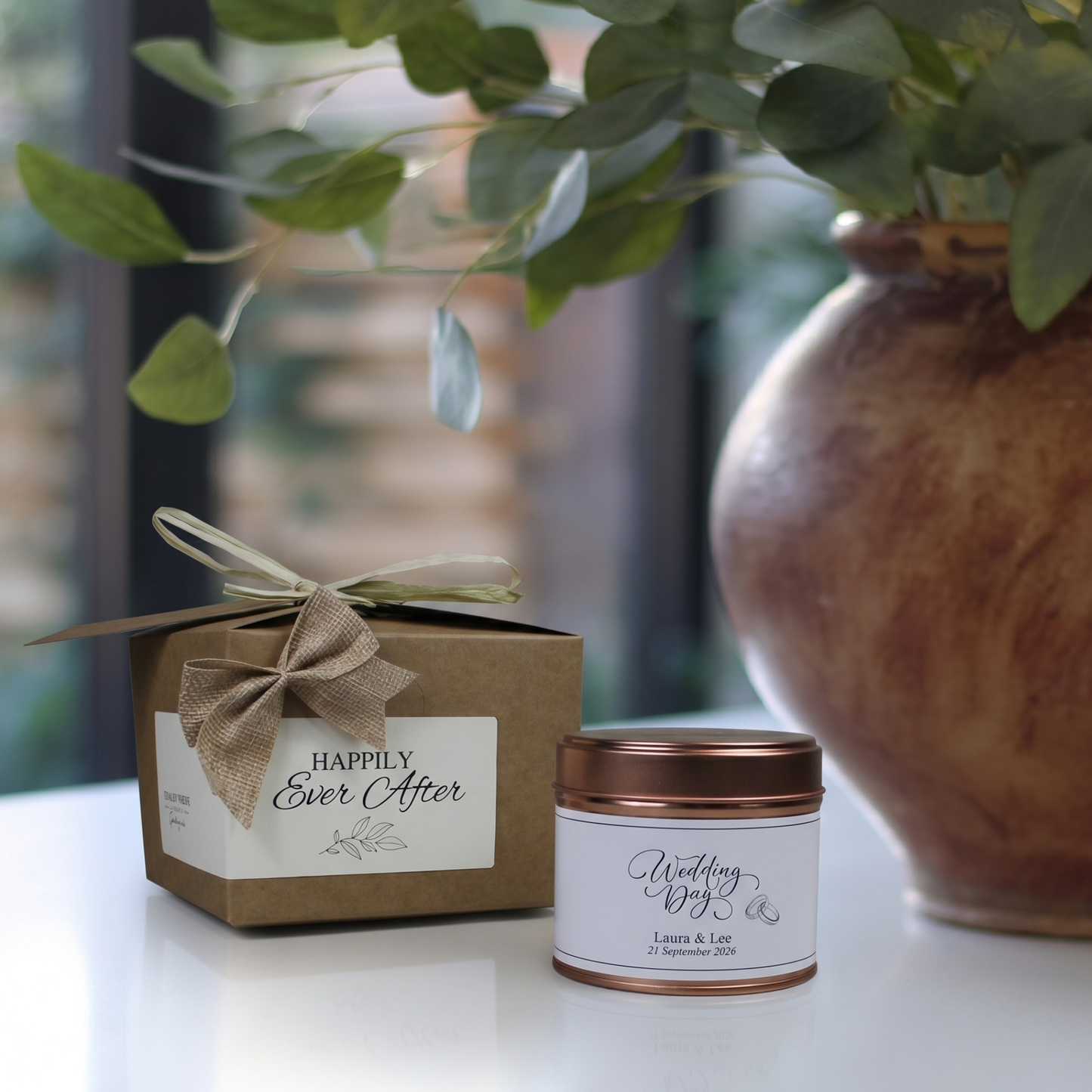 Ready-to-gift wedding day rings keepsake box containing a custom handmade soy candle and premium home diffuser – Hideaway Home Fragrances